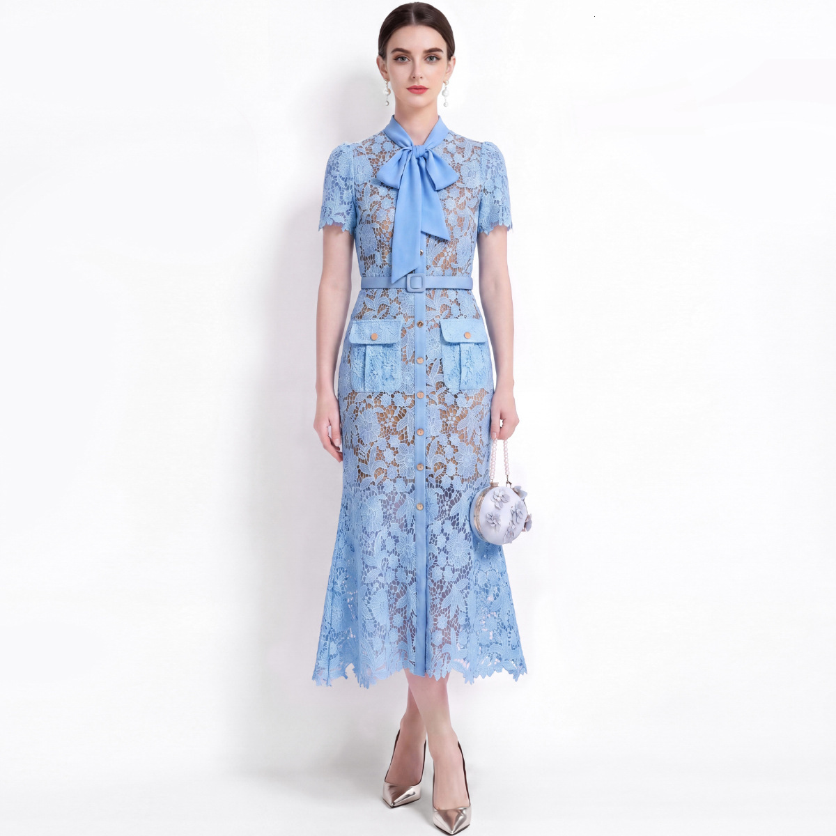 Elegant Short-Sleeved Water-Soluble Lace Dress Slim-Fit Waist-Cinching Fishtail Dress With Belt - view 8