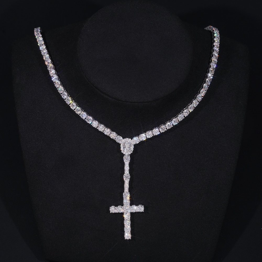 New Arrival Hot Sell Iced Out 5MM Width 925 Sterling Silver VVS Moissanite Rosary Cross Tennis Chain Necklace