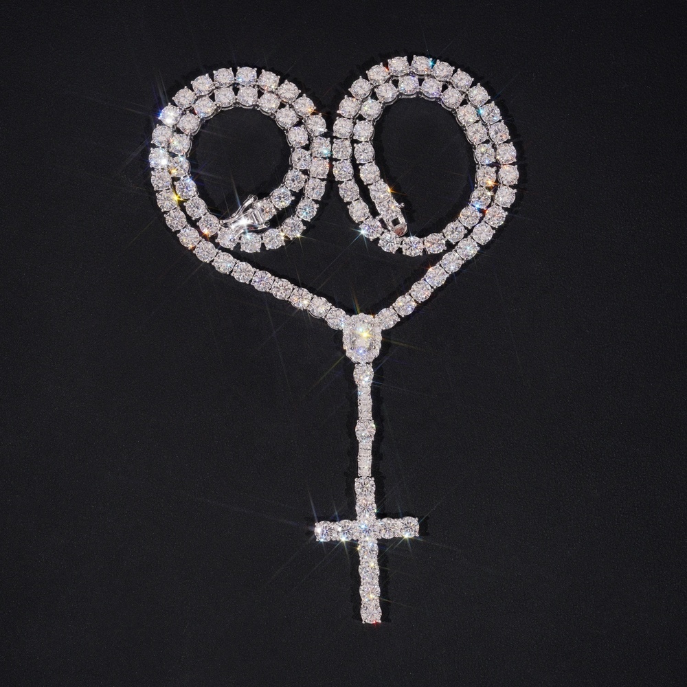 New Arrival Hot Sell Iced Out 5MM Width 925 Sterling Silver VVS Moissanite Rosary Cross Tennis Chain Necklace