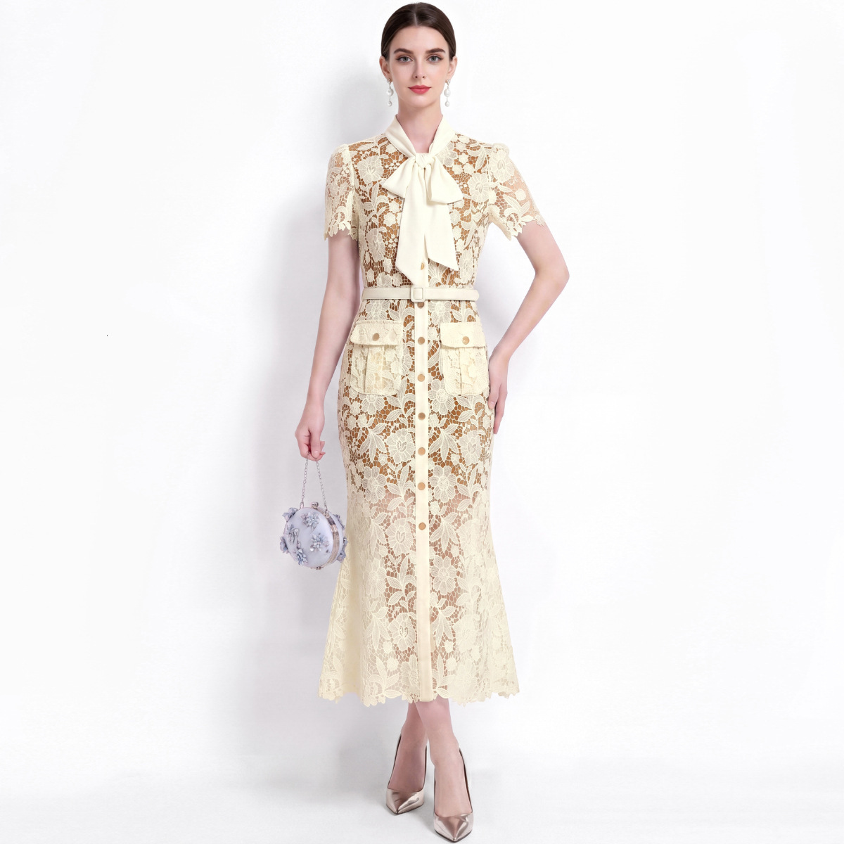 Elegant Short-Sleeved Water-Soluble Lace Dress Slim-Fit Waist-Cinching Fishtail Dress With Belt - view 9