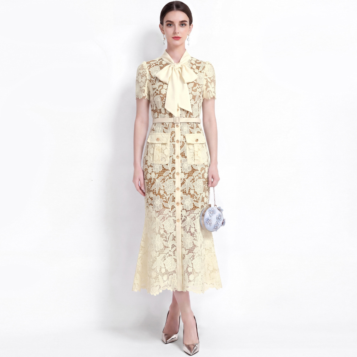 Elegant Short-Sleeved Water-Soluble Lace Dress Slim-Fit Waist-Cinching Fishtail Dress With Belt - view 5