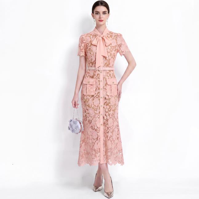 Elegant Short-Sleeved Water-Soluble Lace Dress Slim-Fit Waist-Cinching Fishtail Dress With Belt - view 7