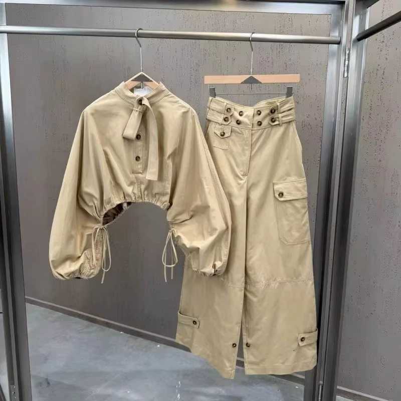 Clothing Ins Women's Workwear Style Lantern Sleeve Drawstring Loose Top Paired with Workwear Wide-leg Pants Set Sexy BandageT260803 - view 6