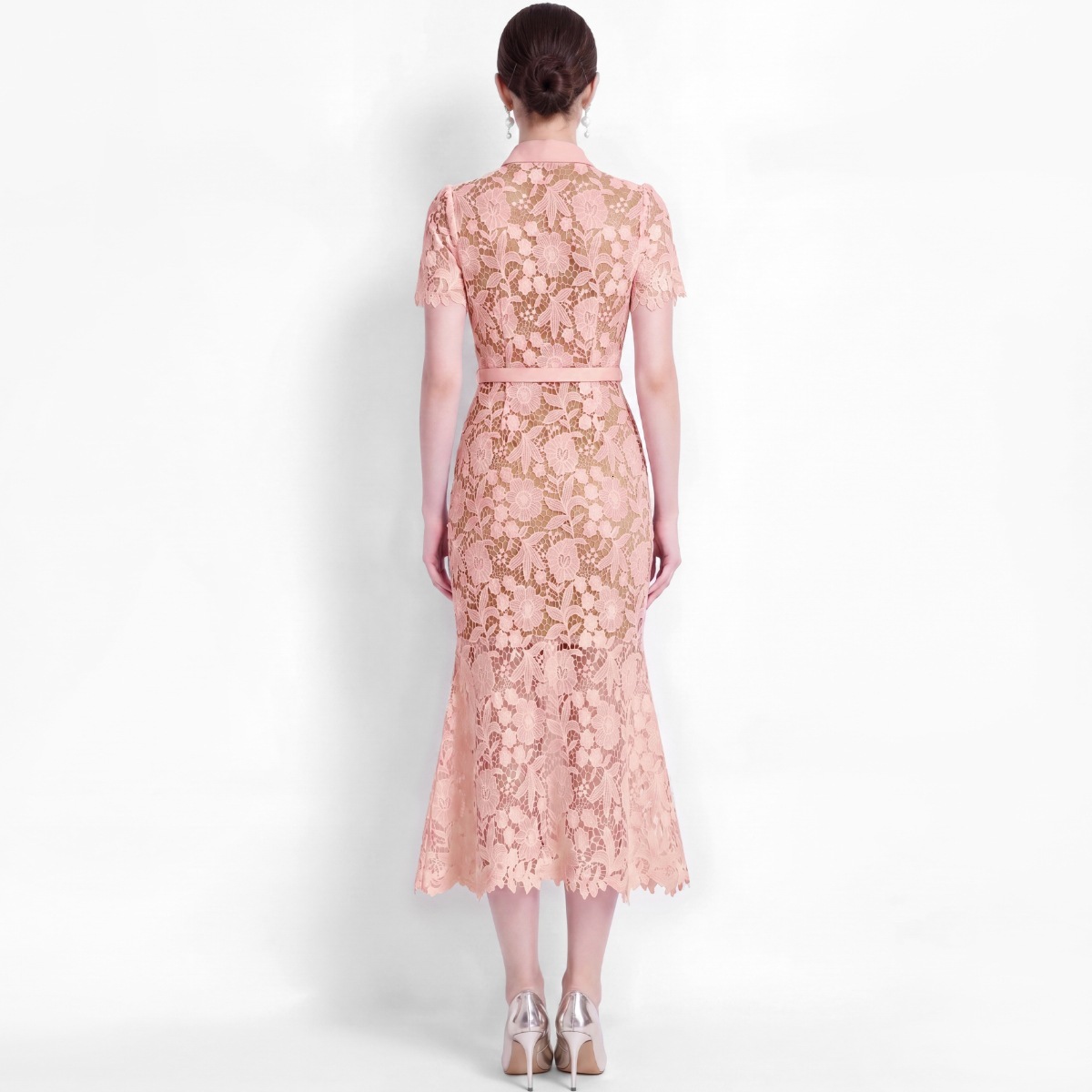 Elegant Short-Sleeved Water-Soluble Lace Dress Slim-Fit Waist-Cinching Fishtail Dress With Belt - view 6