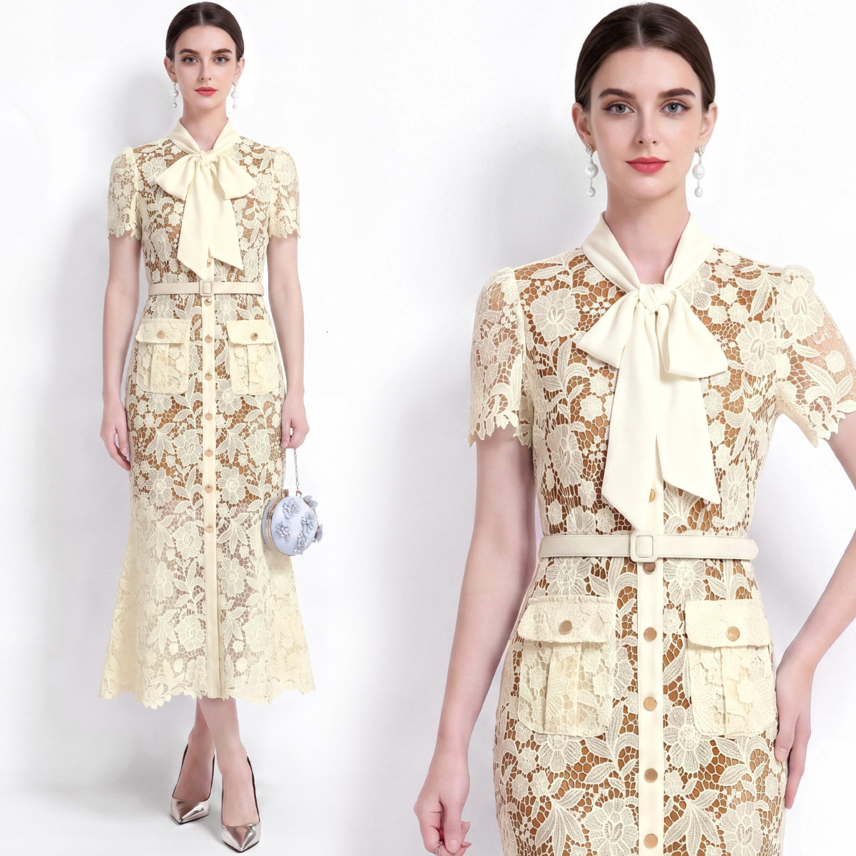 Elegant Short-Sleeved Water-Soluble Lace Dress Slim-Fit Waist-Cinching Fishtail Dress With Belt - view 4