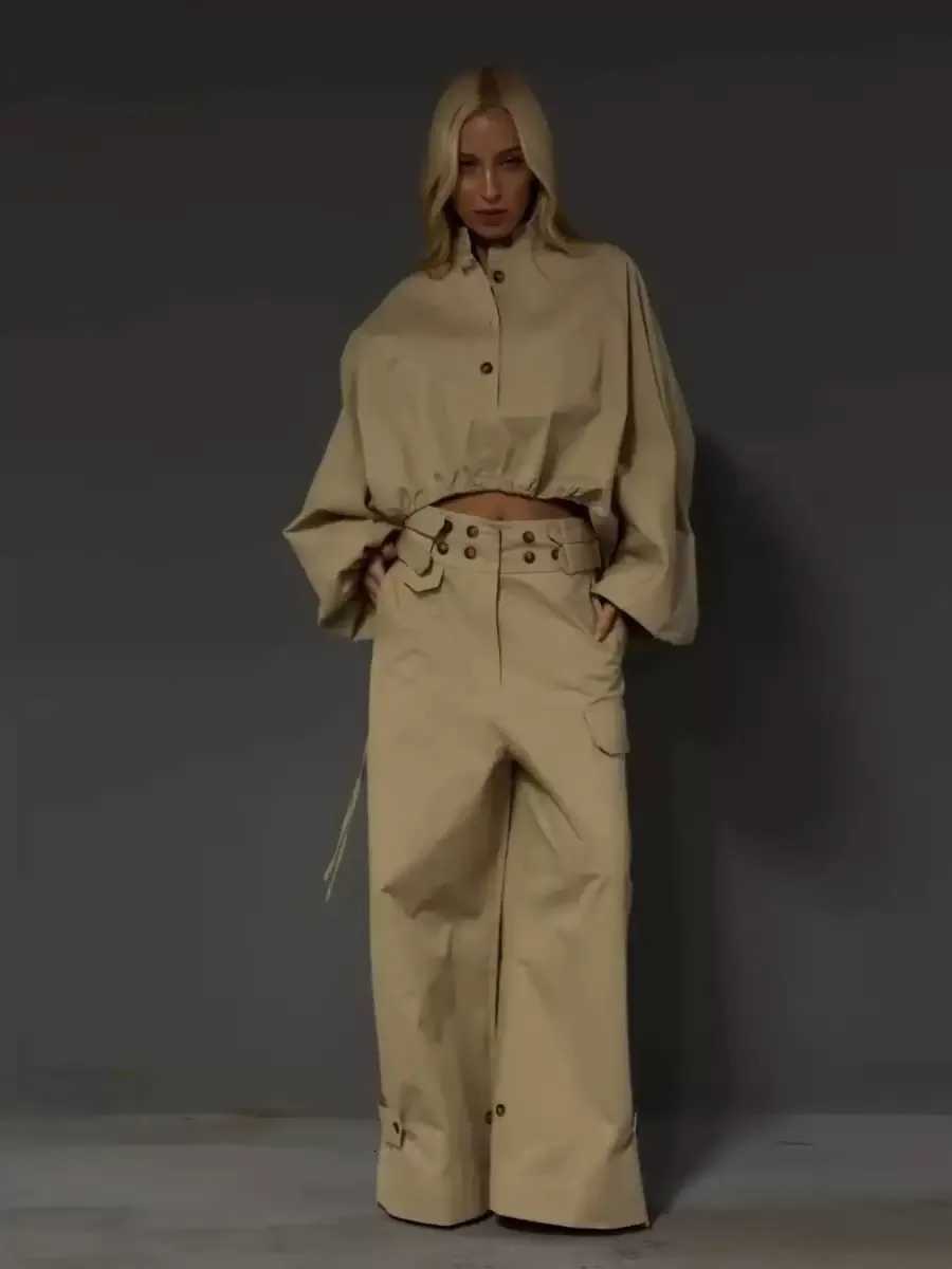 Clothing Ins Women's Workwear Style Lantern Sleeve Drawstring Loose Top Paired with Workwear Wide-leg Pants Set Sexy BandageT260803 - view 5