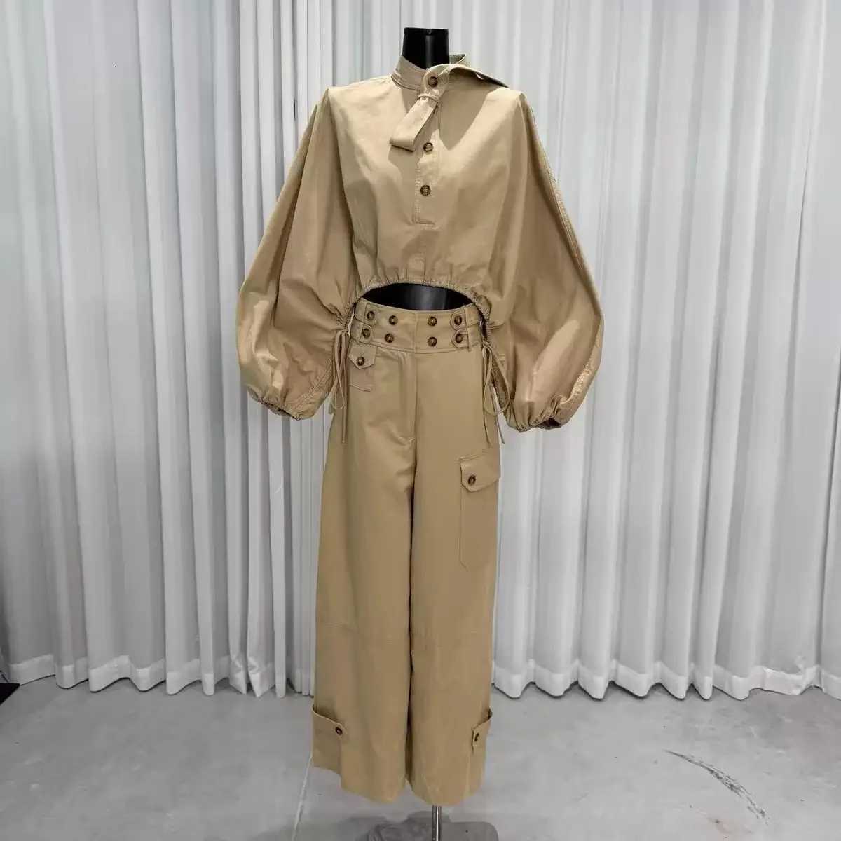 Clothing Ins Women's Workwear Style Lantern Sleeve Drawstring Loose Top Paired with Workwear Wide-leg Pants Set Sexy BandageT260803 - view 3