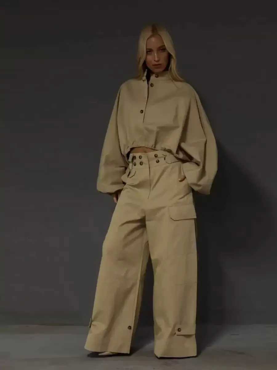 Clothing Ins Women's Workwear Style Lantern Sleeve Drawstring Loose Top Paired with Workwear Wide-leg Pants Set Sexy BandageT260803 - view 4