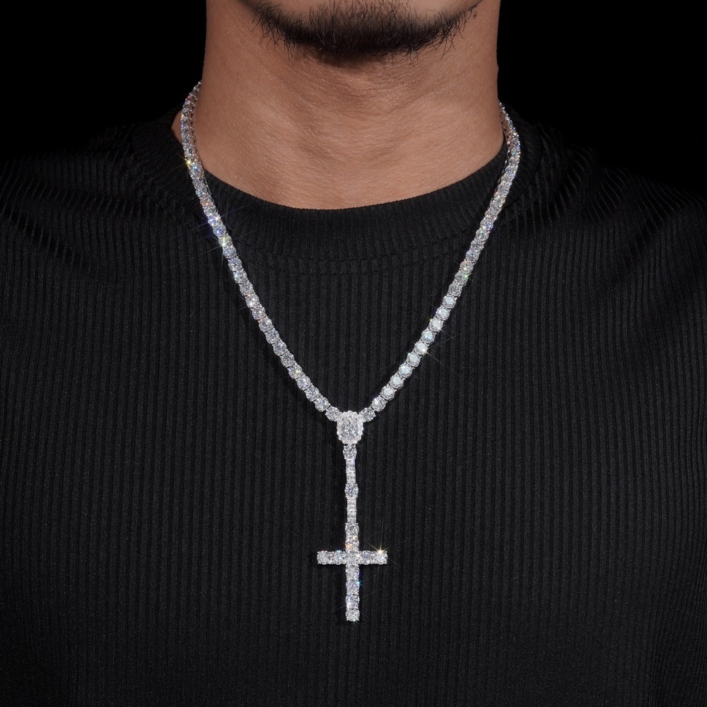 New Arrival Hot Sell Iced Out 5MM Width 925 Sterling Silver VVS Moissanite Rosary Cross Tennis Chain Necklace