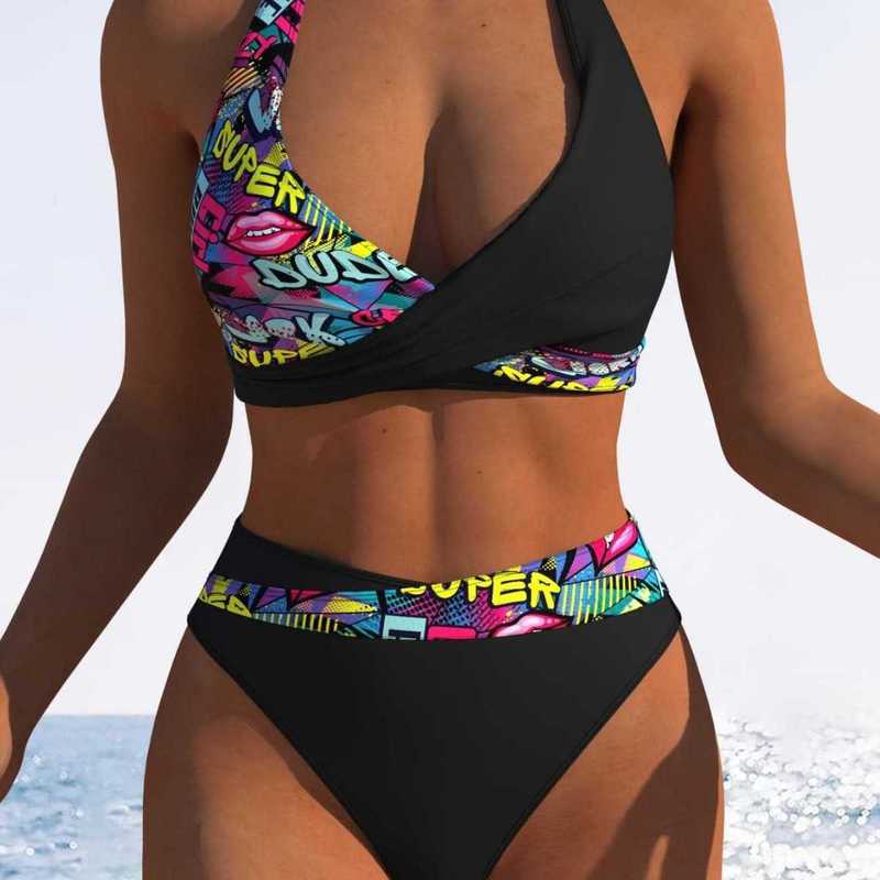Women's Swimwear Two-piece halter neck swimsuit for women, deep V-neck, push-up, high-waisted, tummy-concealing, beach vacation swimwear - view 4