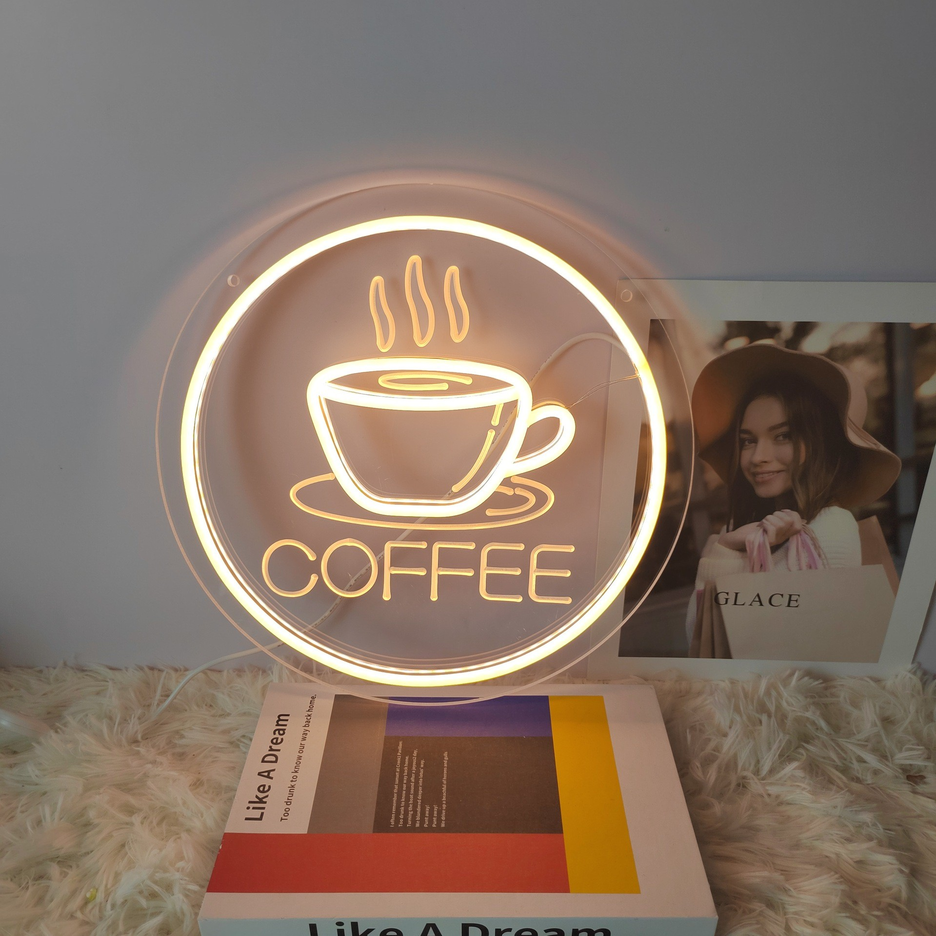 Acrylic Neon Signs, OPEN Business Sign, Coffee Cup, Coffee Bar, Bullhead Rodeo Themed Decor Lights, Wall Neon Ornaments for Shops Cafes Bars Ambiance 