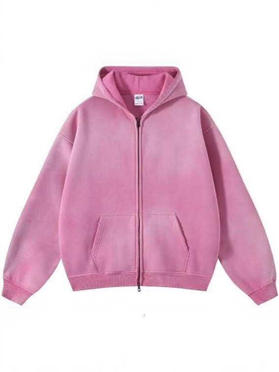 Designer 2026 European American high street autumn and winter spray-dyed, washed, distressed 360g fleece-lined double-zipper hoodie, vintage style - view 4