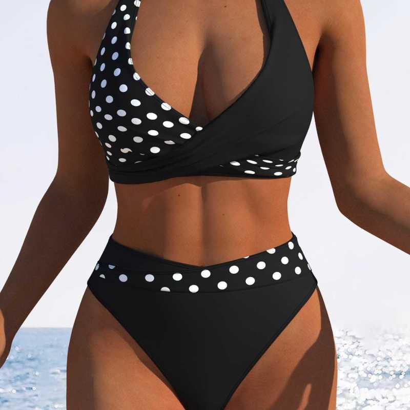 Women's Swimwear Two-piece halter neck swimsuit for women, deep V-neck, push-up, high-waisted, tummy-concealing, beach vacation swimwear - view 3