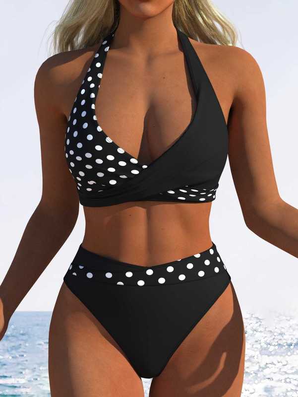 Women's Swimwear Two-piece halter neck swimsuit for women, deep V-neck, push-up, high-waisted, tummy-concealing, beach vacation swimwear - view 8