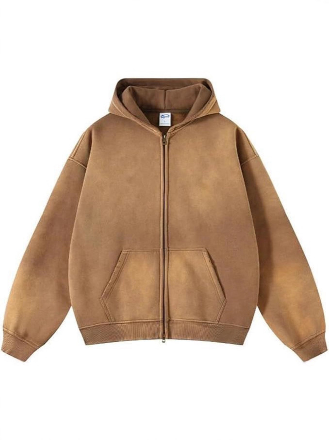 Designer 2026 European American high street autumn and winter spray-dyed, washed, distressed 360g fleece-lined double-zipper hoodie, vintage style - view 6