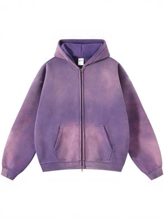 Designer 2026 European American high street autumn and winter spray-dyed, washed, distressed 360g fleece-lined double-zipper hoodie, vintage style - view 5