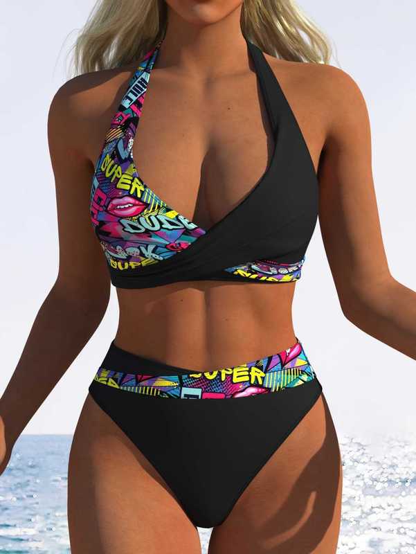 Women's Swimwear Two-piece halter neck swimsuit for women, deep V-neck, push-up, high-waisted, tummy-concealing, beach vacation swimwear - view 9