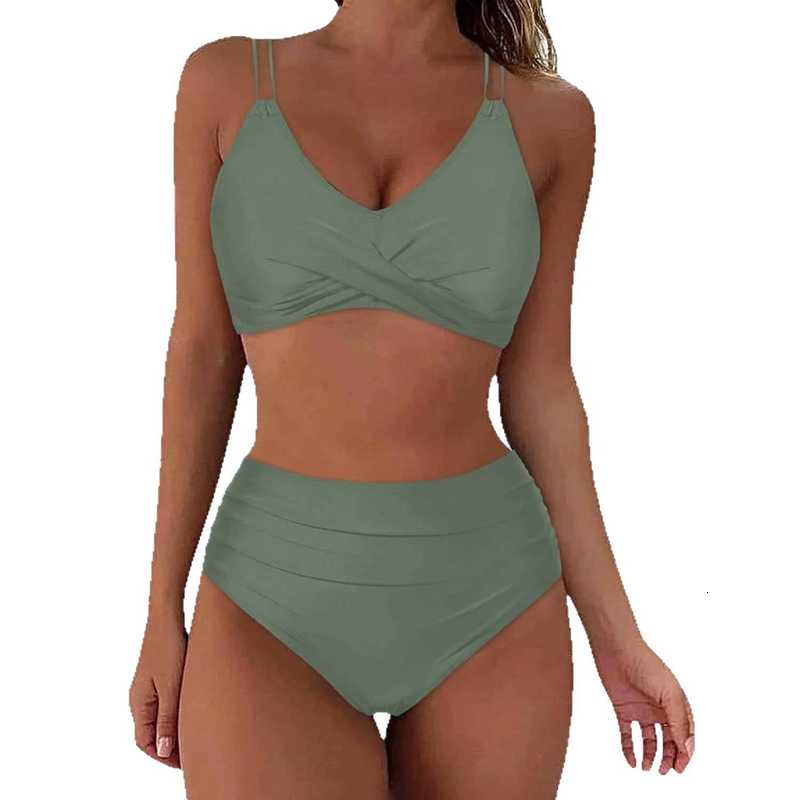 Women's Swimwear Solid Color High-Waisted Two-Piece Swimsuit for Women with Cross Wrap Chest and Double Shoulder Straps, Slim-Fit Vacation Beach  - view 6