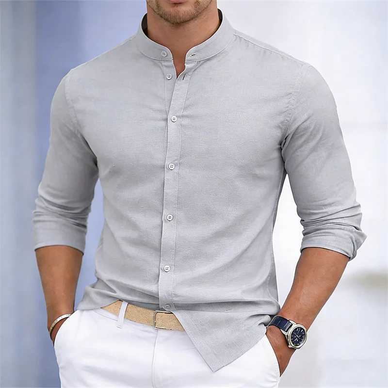 Men's stand-up collar white or black long-sleeved shirt solid color shirt slim fit business casual men's top sizes XS-6XL. Z260805 - view 5