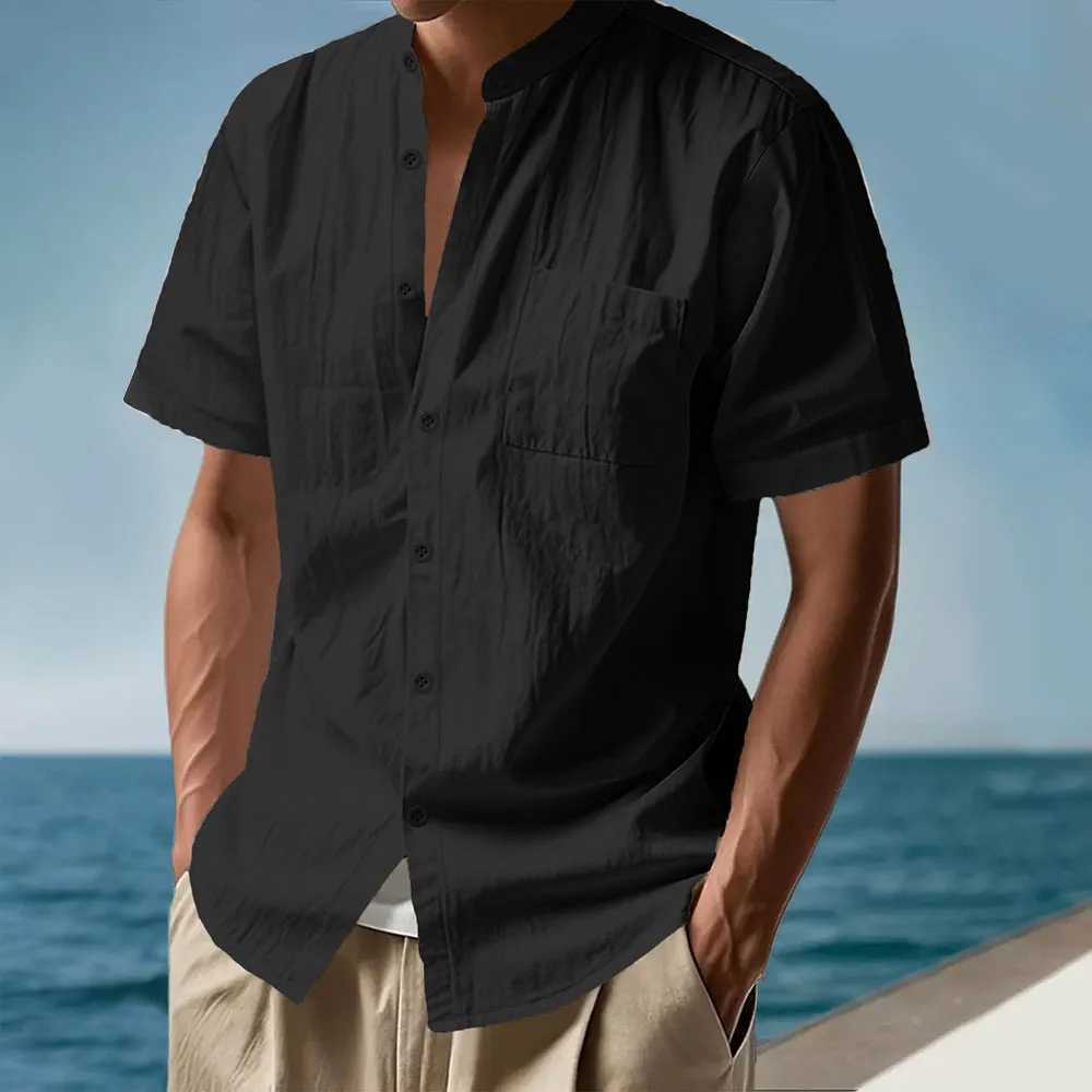 Summer Men's Short Sleeve Shirt Solid Color Casual Single Breasted Cotton Linen Breathable Lightweight Male Basic Style Top Z260805 - view 4