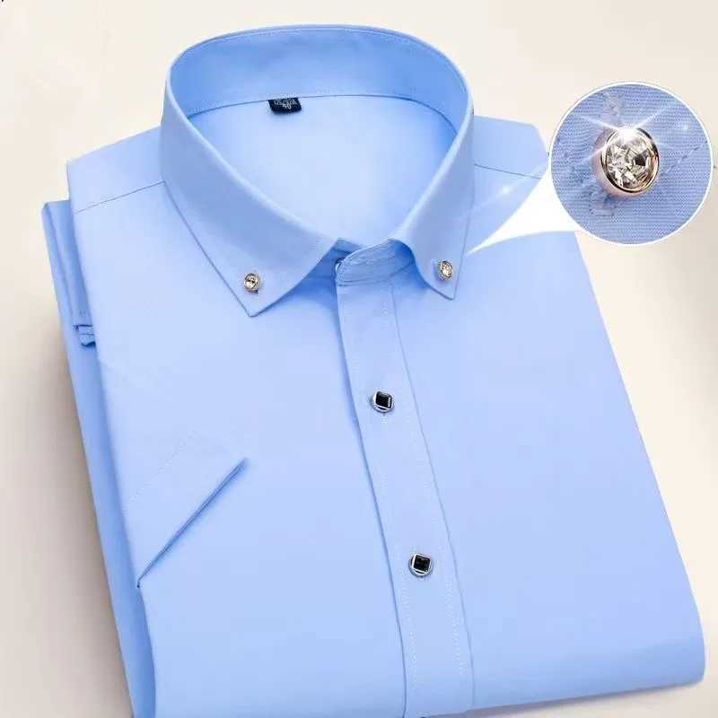 Basic Men Business Dress Shirt Summer Short Sleeve Thin Diamond Button Version White Blue Casual Suit Wedding Formal Party Shirt Z260805