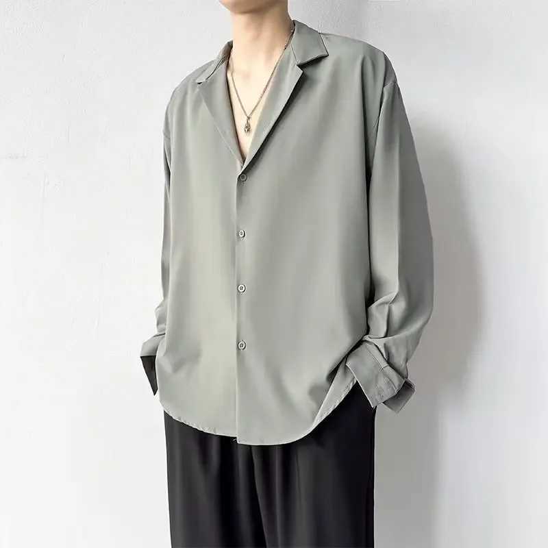 Korean Fashion Men's Shirt Spring Summer New Loose Casual Long-sleeved Lapel High Street Male Suit Shirt White Black Gray Green Z260805