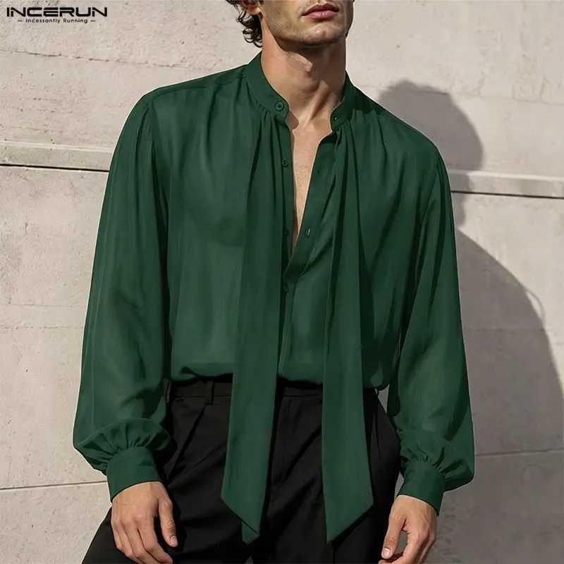 INCERUN Men's Shirt Solid See Through Long Sleeve Lace Up Men Clothes Sexy Streetwear Loose Shirts Party Fashion Tops For Man Z260805