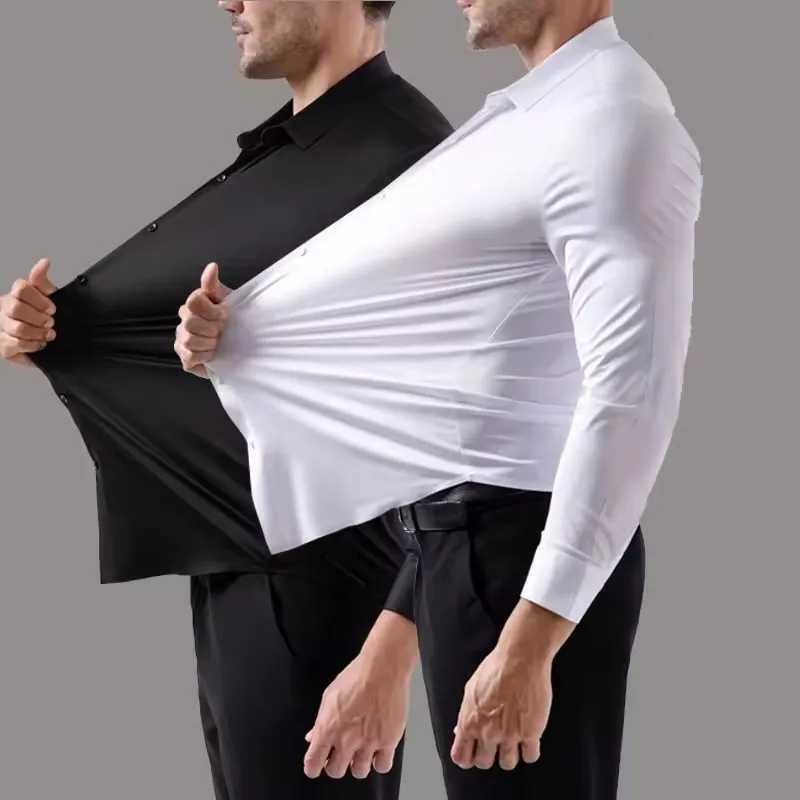 High Stretch Men's Dress Shirt Long Sleeved Solid Color Silky Business Casual Smooth Work Wrinkle Free White Black Office Shirt Z260805