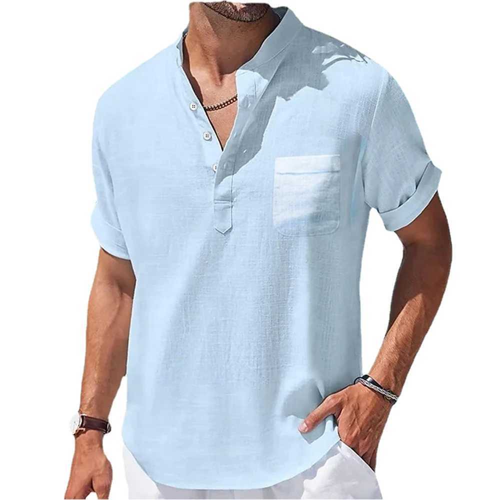 New Men's Casual Stand Up Collar Summer Solid Color Short Sleeve Linen Shirt Trendy Breathable Loose Youth Basic Pocket Top Z260805 - view 5