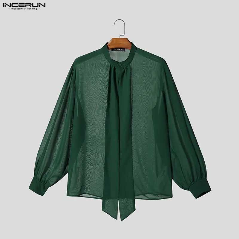 INCERUN Men's Shirt Solid See Through Long Sleeve Lace Up Men Clothes Sexy Streetwear Loose Shirts Party Fashion Tops For Man Z260805 - view 6