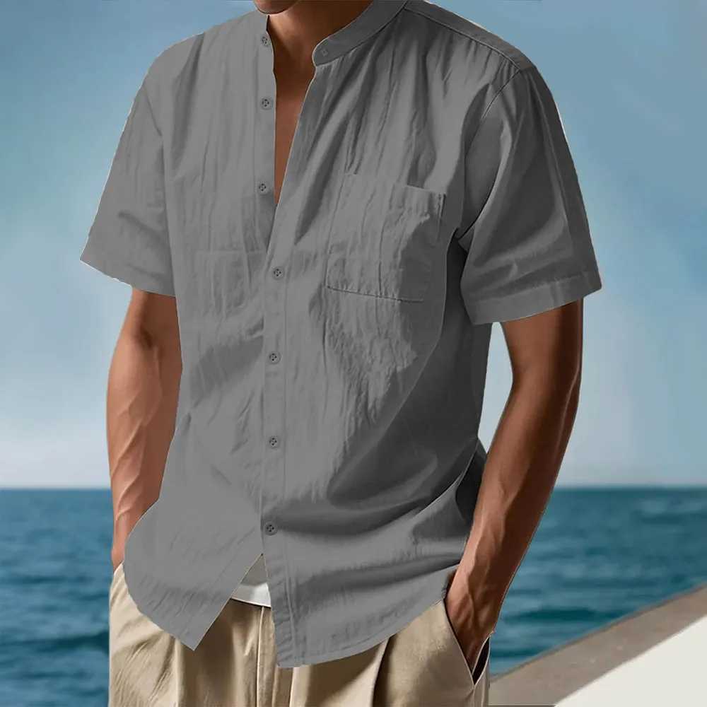 Summer Men's Short Sleeve Shirt Solid Color Casual Single Breasted Cotton Linen Breathable Lightweight Male Basic Style Top Z260805 - view 5