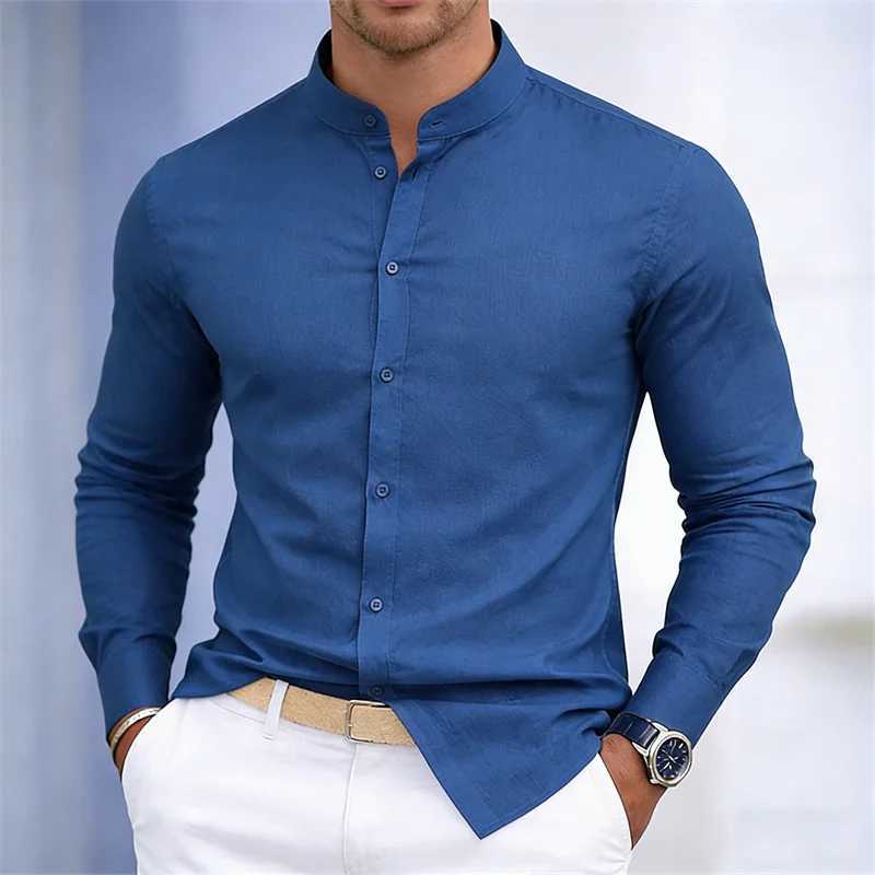 Men's stand-up collar white or black long-sleeved shirt solid color shirt slim fit business casual men's top sizes XS-6XL. Z260805 - view 7