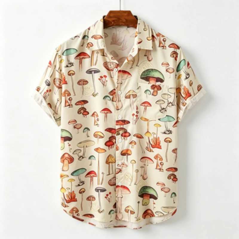 Men's short sleeved shirt with European and American style colorful mushroom print men's short sleeved shirt business casual Z260805