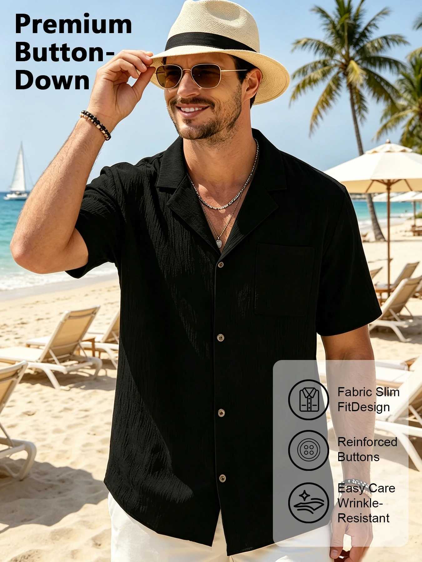 Men Cuban Collar Vacation Shirts Chest Pocket Vintage Buttons Textured Wrinkle Resistant Short Sleeve Button Down Lightweight Z260805 - view 3