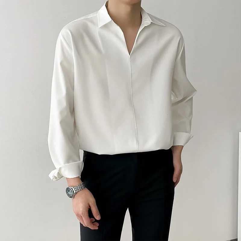 New Korean V Neck Men Shirts Luxury Casual Drooping Style Slim Solid Color Long Sleeve Pullover Blouse High Quality Autumn Tops Z260805 - view 3