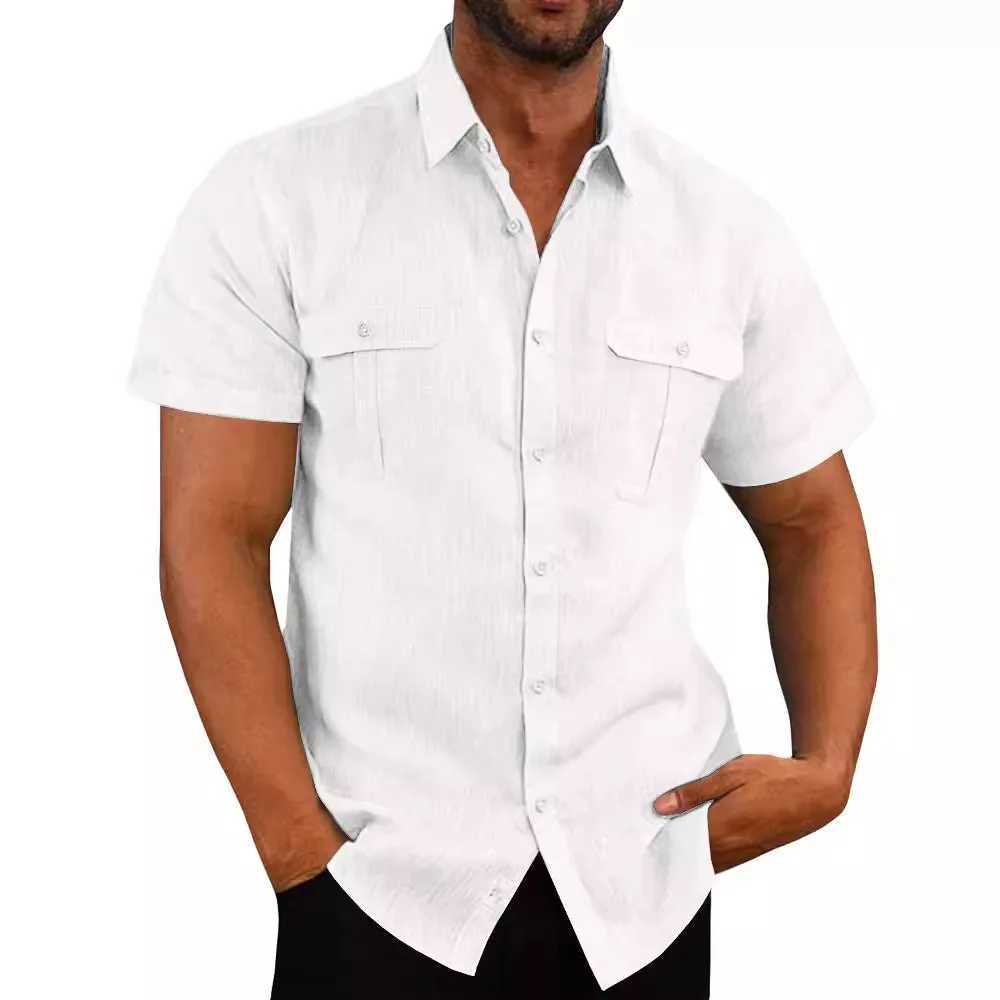 Men's Shirt Double Pocket Cotton Linen Short Sleeve Shirts for Men Casual Holiday Beach Shirt streetwear Solid Color Slim Fit Z260805 - view 5