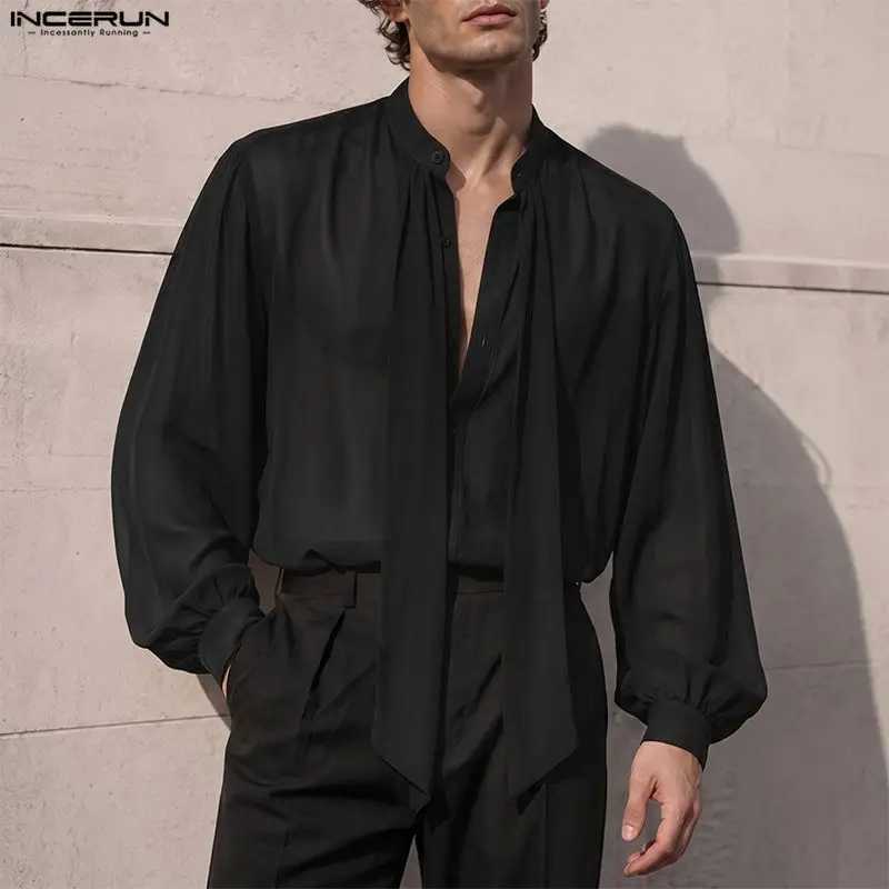 INCERUN Men's Shirt Solid See Through Long Sleeve Lace Up Men Clothes Sexy Streetwear Loose Shirts Party Fashion Tops For Man Z260805 - view 4