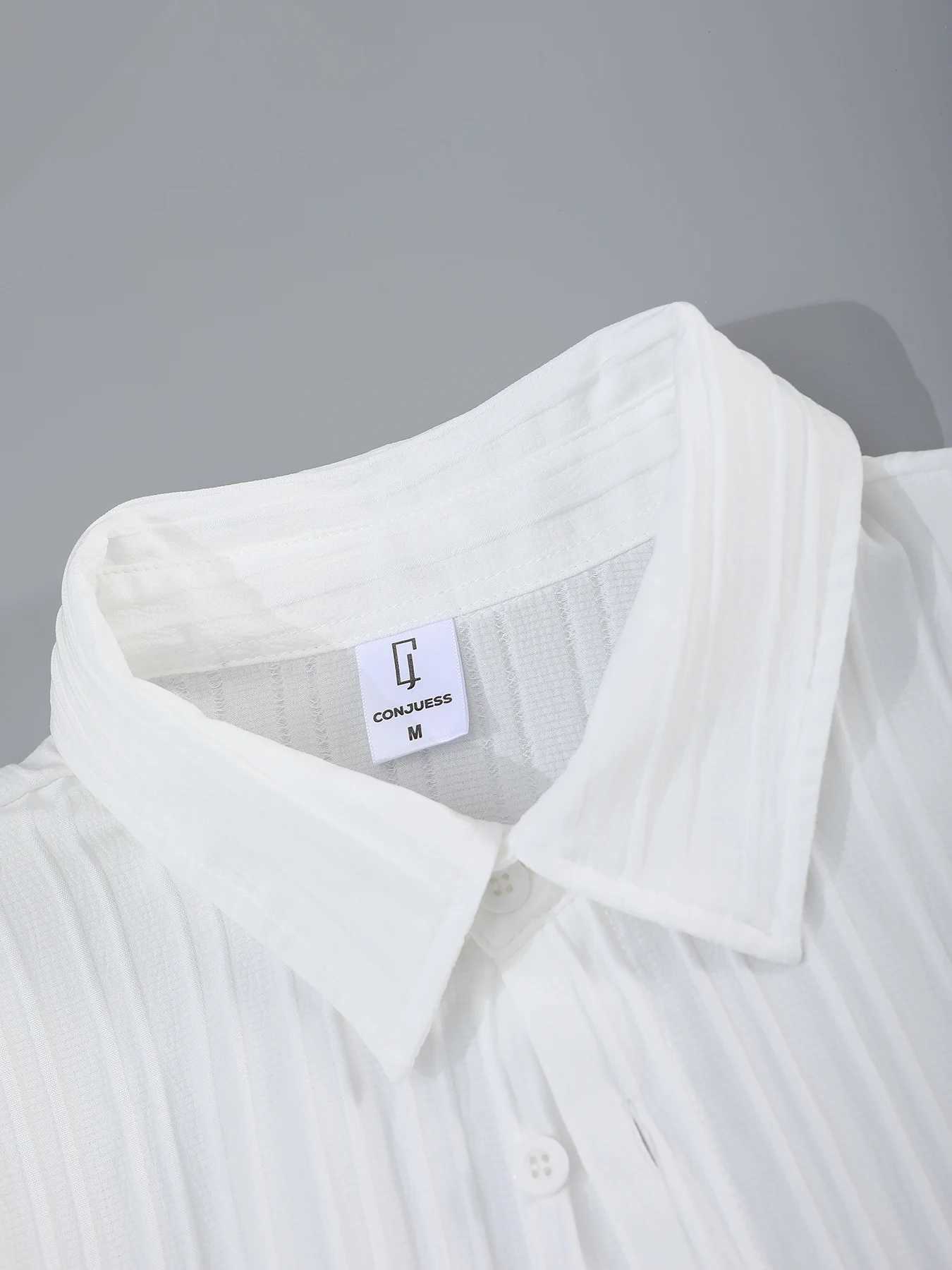 Men's Solid White Vertical Striped Textured Lapel Short Sleeve Shirt Summer Loose Casual Smart Top Z260805