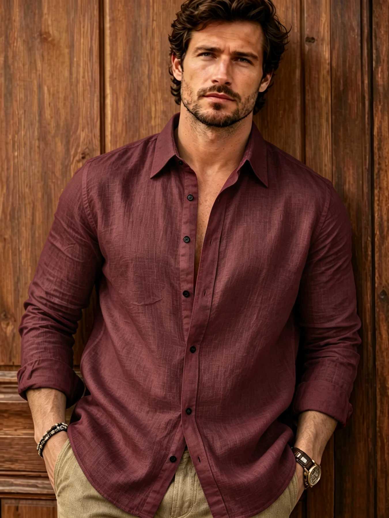 Men's retro casual style lapel single-breasted linen shirt natural texture linen fabric breathable sweat-tight relaxed and off Z260805 - view 5