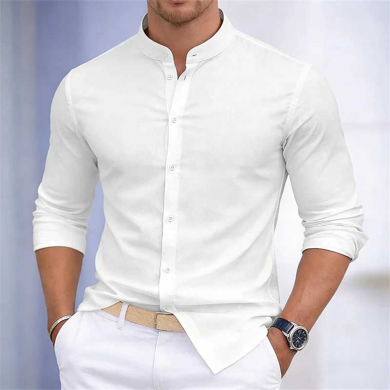 Men's stand-up collar white or black long-sleeved shirt solid color shirt slim fit business casual men's top sizes XS-6XL. Z260805