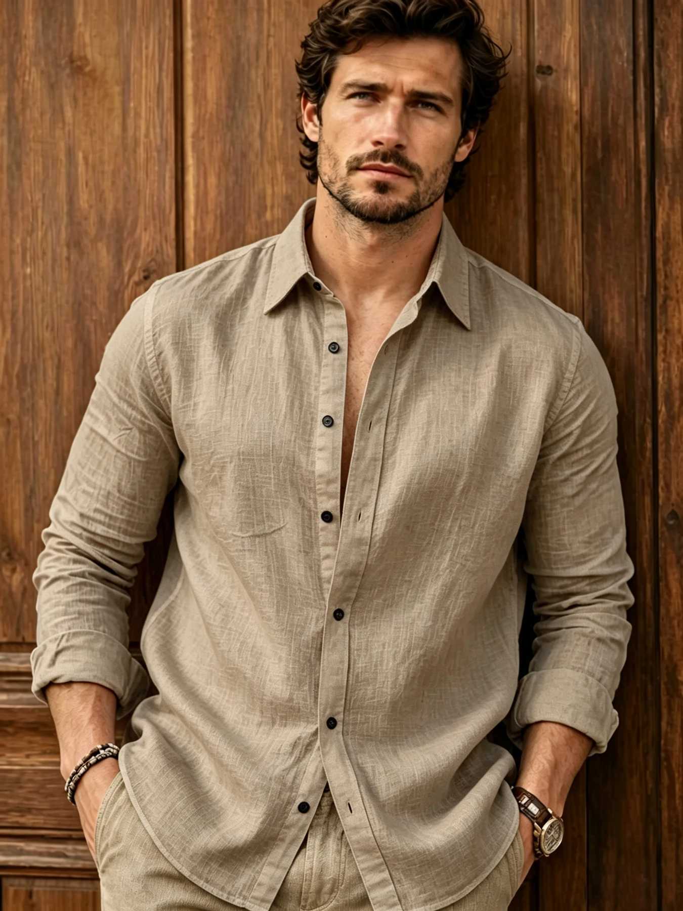 Men's retro casual style lapel single-breasted linen shirt natural texture linen fabric breathable sweat-tight relaxed and off Z260805 - view 6