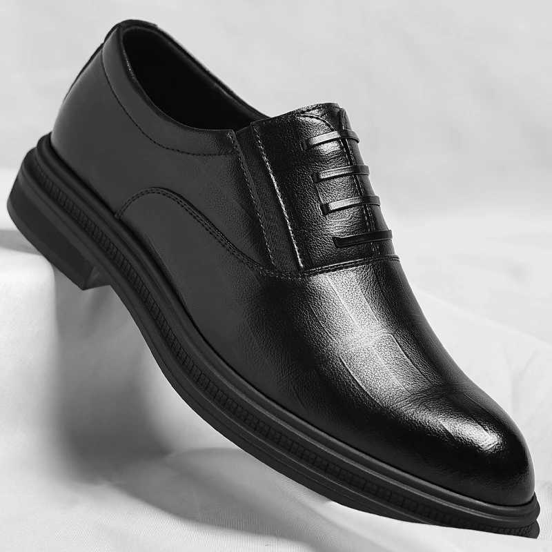 Genuine Leather Textured Slip Black On Formal Business Office Groom Wedding Daily Wear Shoes Fashion Simple Increase Height H260805 - view 3