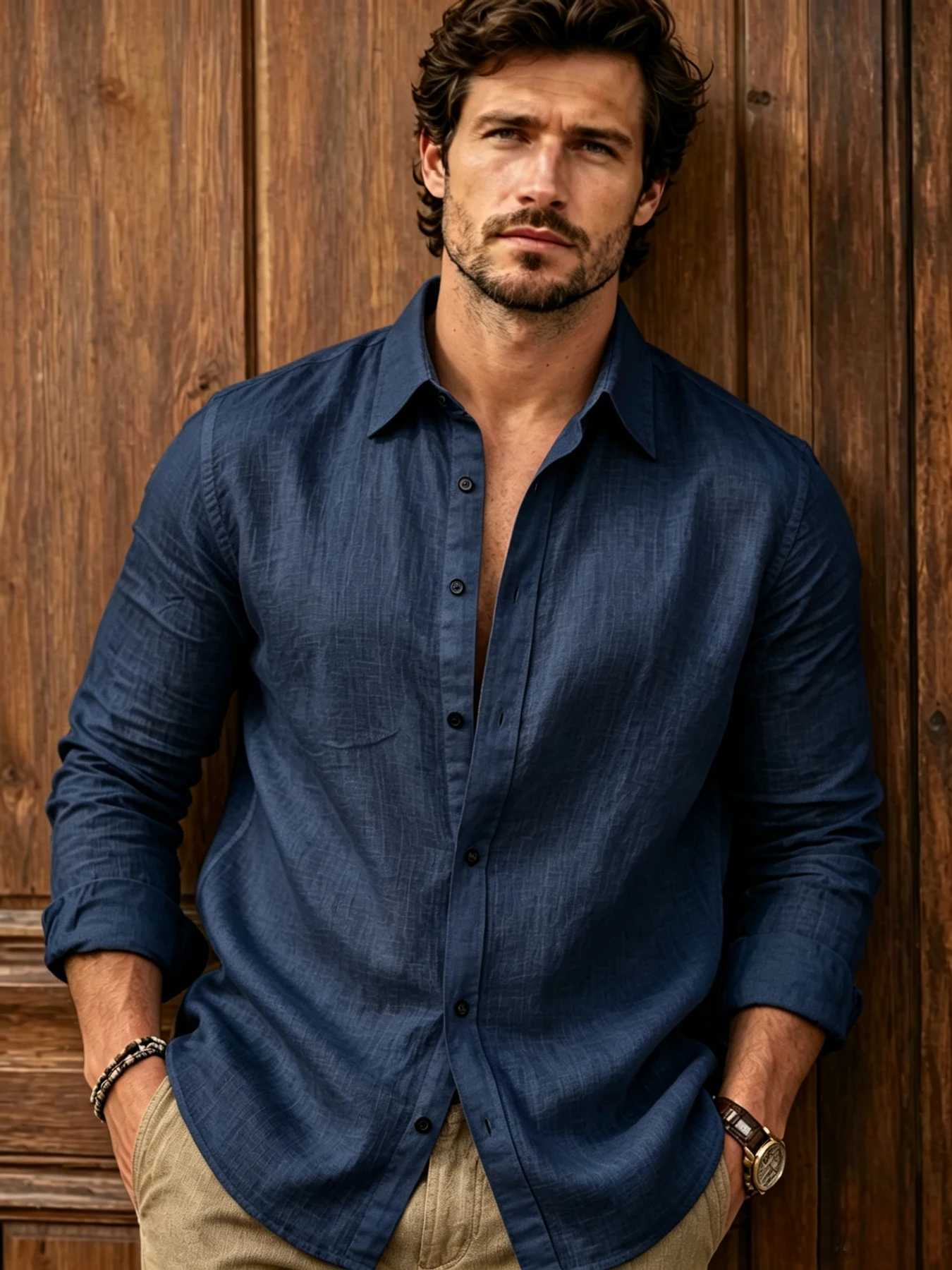 Men's retro casual style lapel single-breasted linen shirt natural texture linen fabric breathable sweat-tight relaxed and off Z260805 - view 3