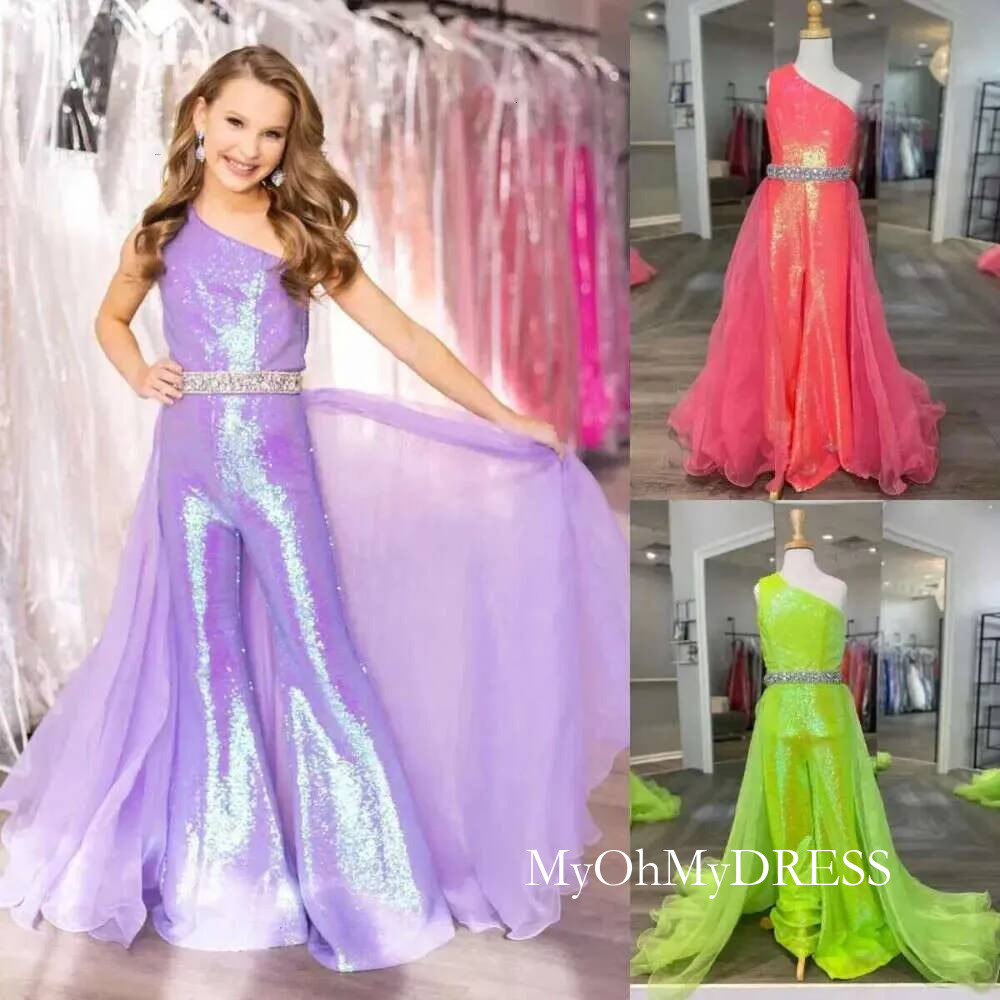 Lilac Girl Pageant Dress Jumpsuit One Shoulder Sequin Romper Kids Formal Party Occasion Gowns Customized Y84