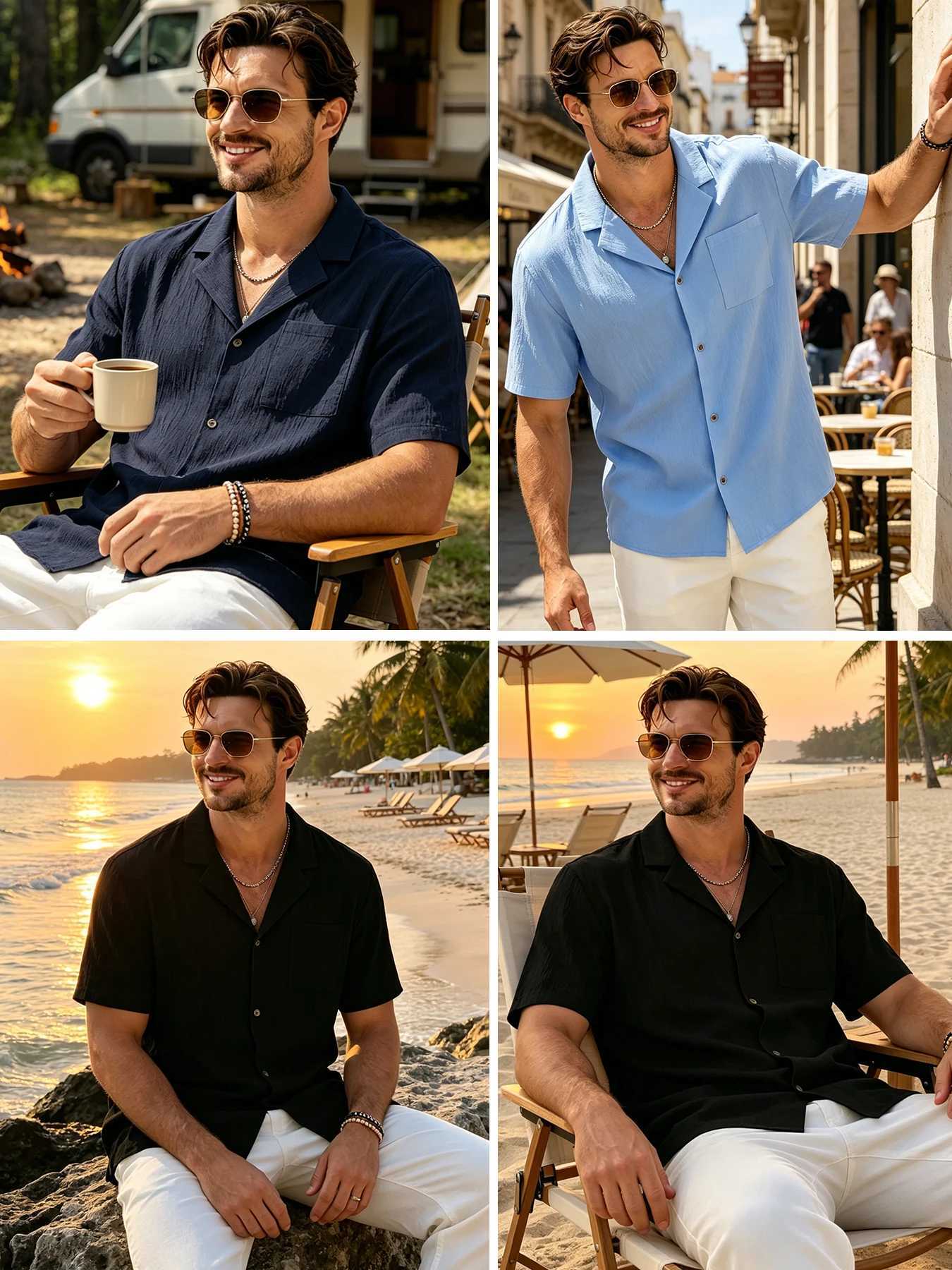 Men Cuban Collar Vacation Shirts Chest Pocket Vintage Buttons Textured Wrinkle Resistant Short Sleeve Button Down Lightweight Z260805 - view 6