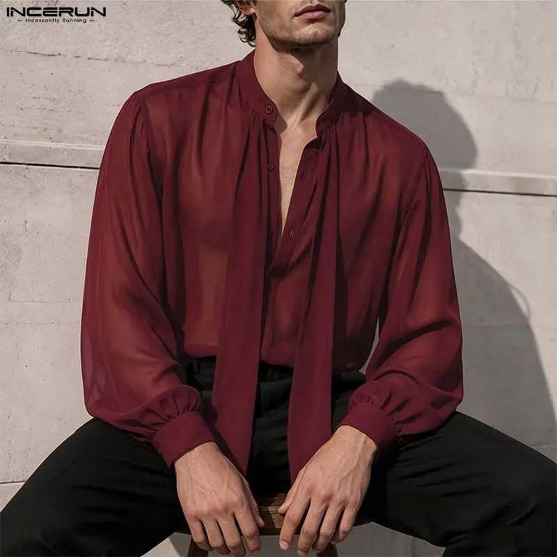 INCERUN Men's Shirt Solid See Through Long Sleeve Lace Up Men Clothes Sexy Streetwear Loose Shirts Party Fashion Tops For Man Z260805 - view 5
