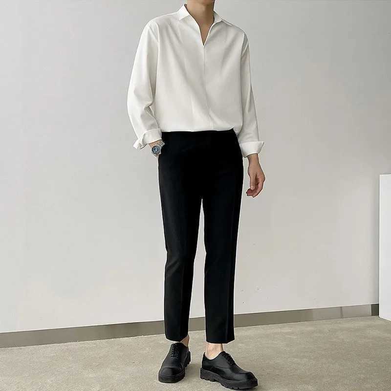 New Korean V Neck Men Shirts Luxury Casual Drooping Style Slim Solid Color Long Sleeve Pullover Blouse High Quality Autumn Tops Z260805 - view 4
