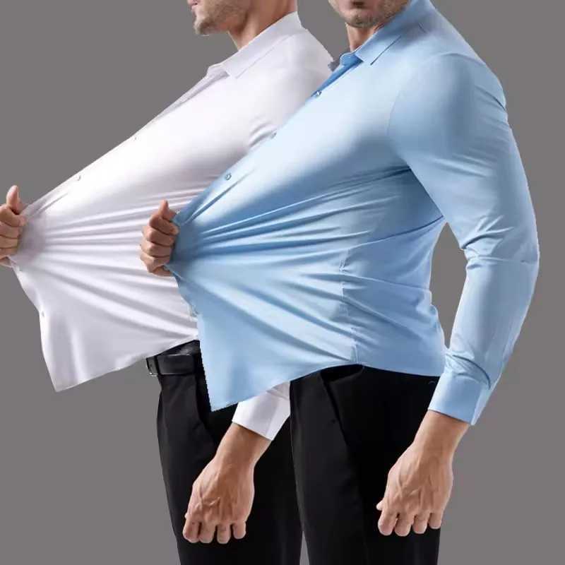 High Stretch Men's Dress Shirt Long Sleeved Solid Color Silky Business Casual Smooth Work Wrinkle Free White Black Office Shirt Z260805 - view 5