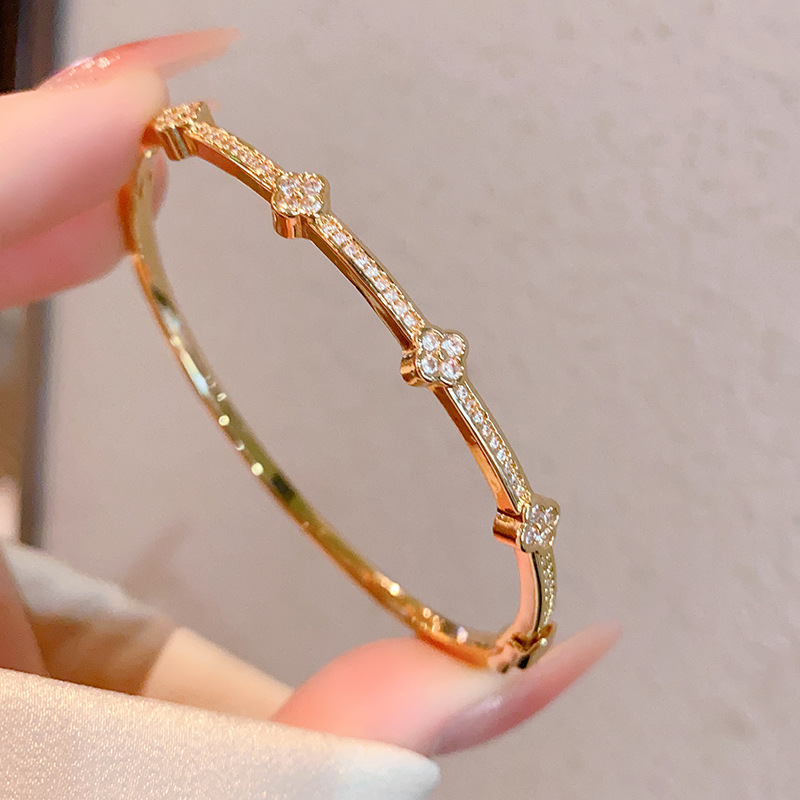 Gold Bangle Stylish Four Leaf Clover Hinged Bracelet Featuring Micro Pave Diamond Clusters For Women Daily Wear Gift - view 4