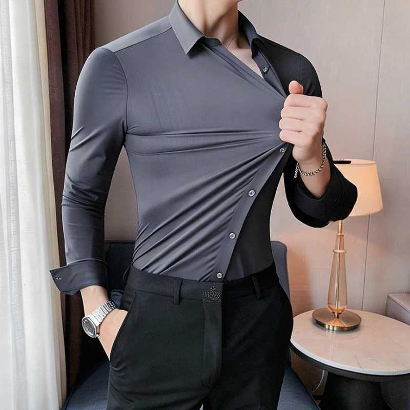 Men's long sleeved shirt with high elasticity no ironing wrinkle resistance business casual solid color formal shirt Size XS-5XL Z260805